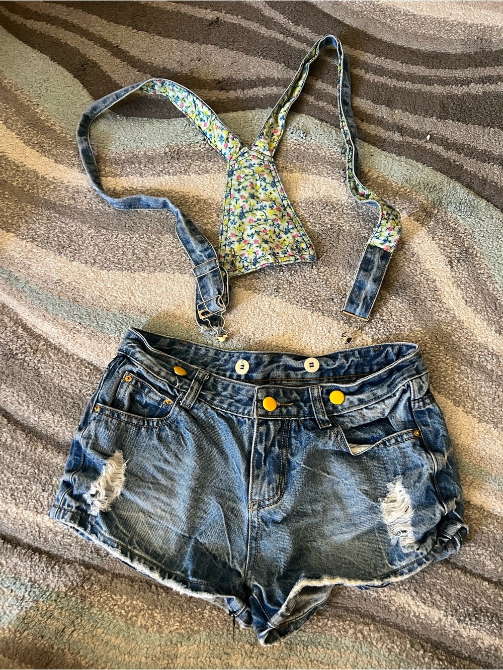 Denim Distressed Shorts with Floral Suspenders